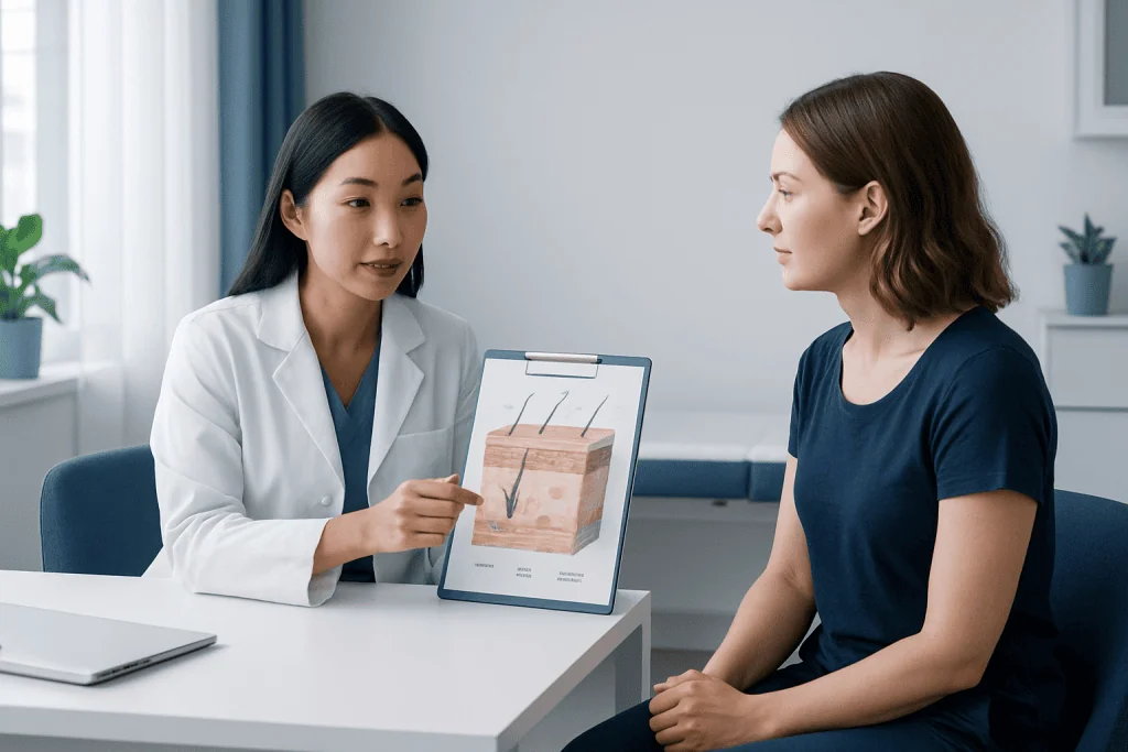 Dermatologist explains skin treatment to patient with skin diagram.