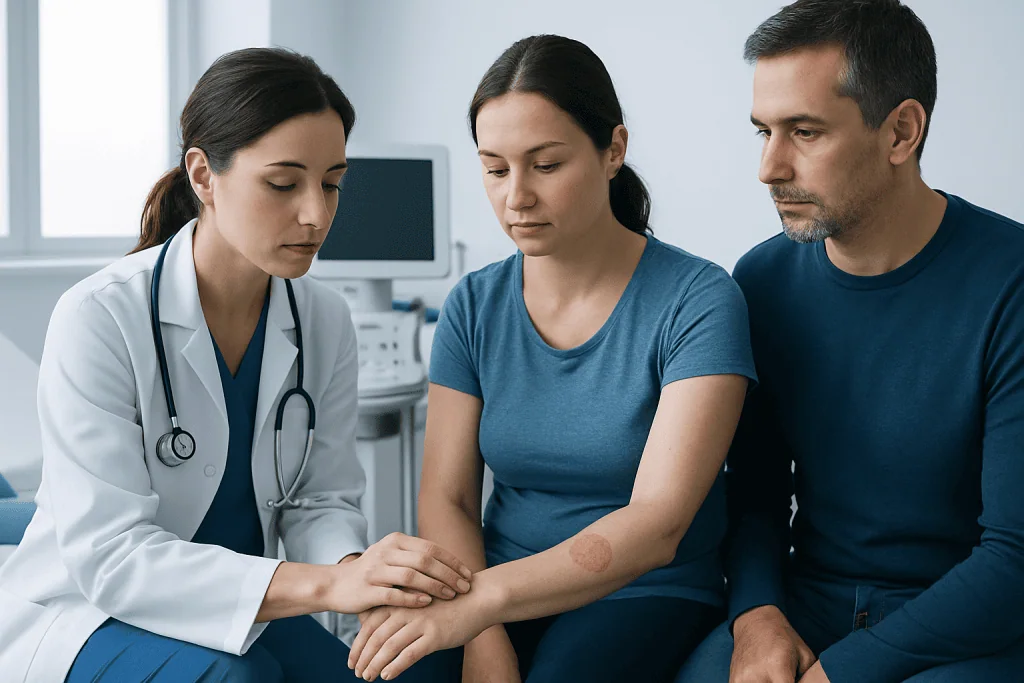 Doctor examining a patient's skin for fungal infection symptoms.