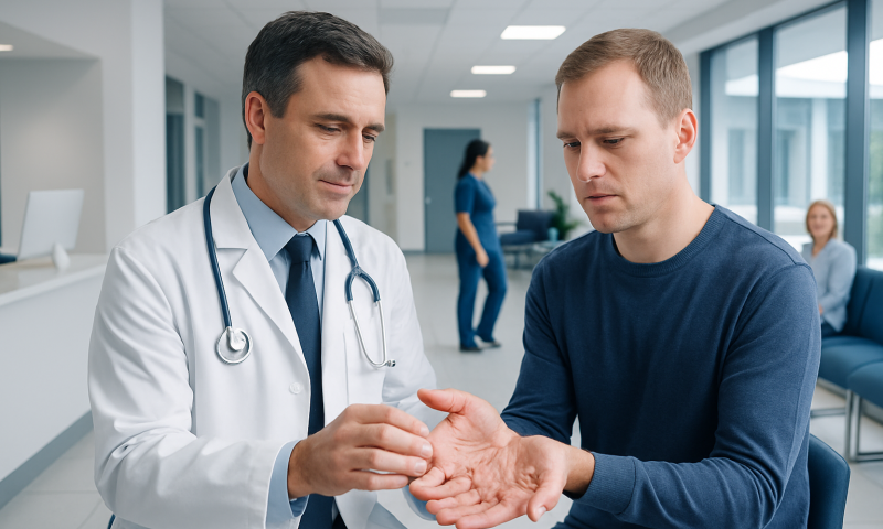 Doctor examining patient's hand in a medical clinic setting.