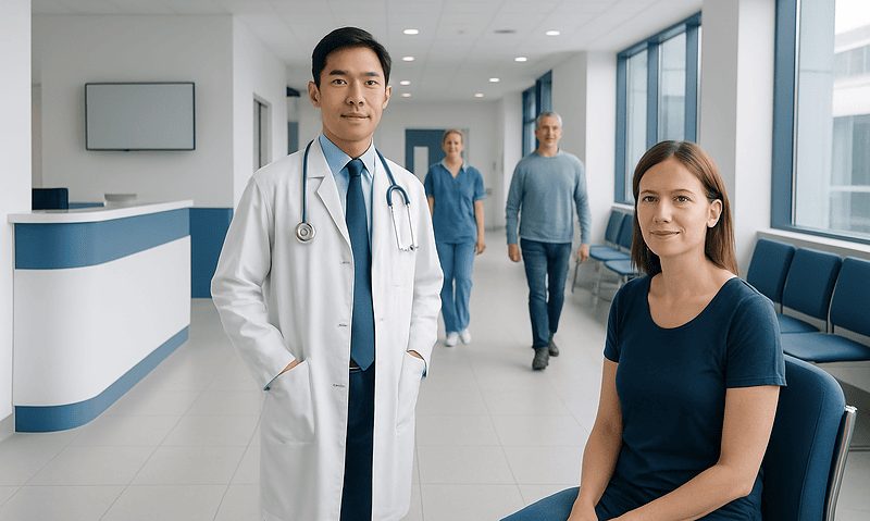 Medical professional with patients in a modern hospital corridor.
