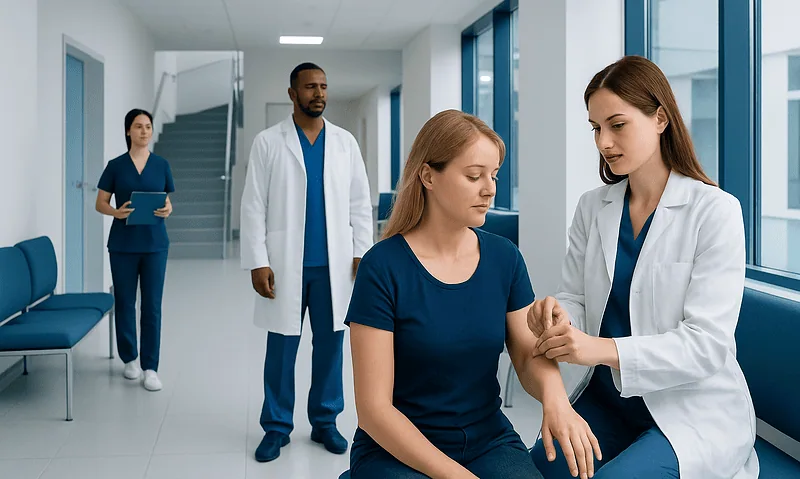 Medical professionals examining a patient's skin in a hospital corridor.