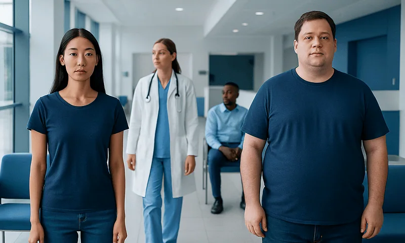 Diverse group of patients and healthcare professionals in hospital corridor.