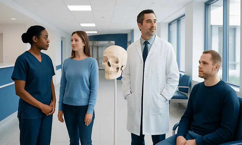 Medical professionals and patient in a hospital corridor with skull model.