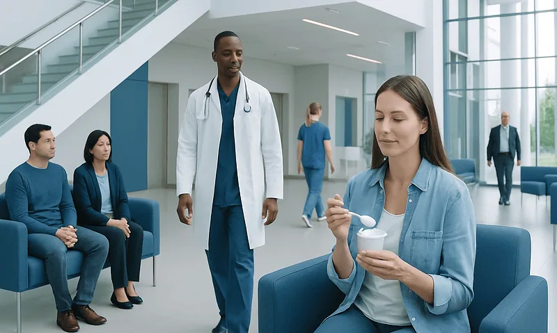 Young woman eating yogurt in hospital lobby with medical staff and visitors.