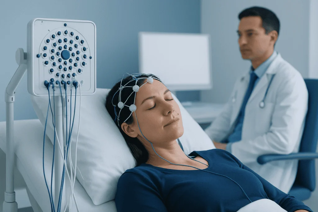 Patient undergoing sleep study with EEG monitoring at Acibadem Hospital.