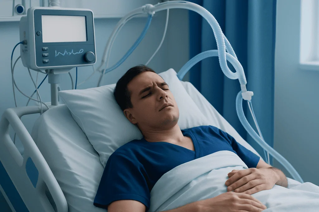 Patient in hospital bed connected to medical monitoring equipment.