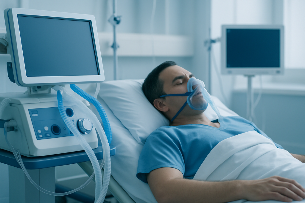 Patient with oxygen mask in hospital bed at Acibadem Hospitals Group.