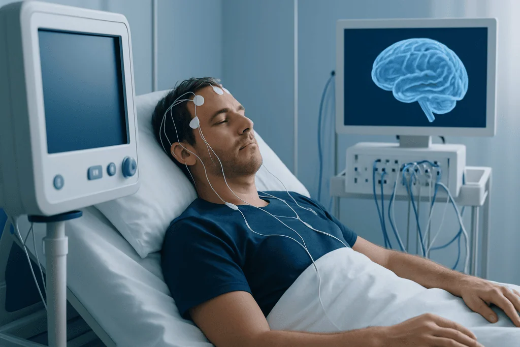 Patient undergoing a sleep study with brain activity monitoring at Acibadem Hospitals.