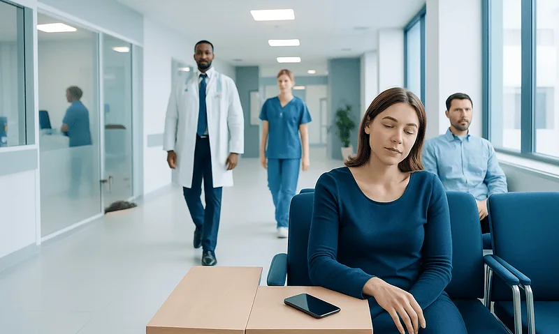 Patient waiting in a hospital corridor with medical staff nearby.