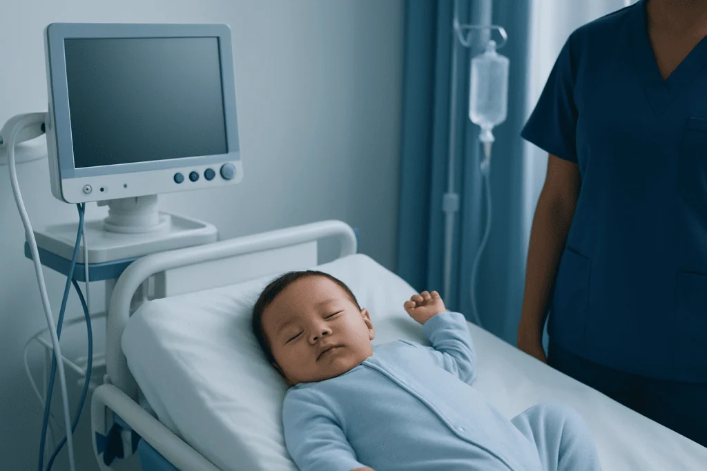 Infant sleeping in hospital bed with medical monitor nearby.