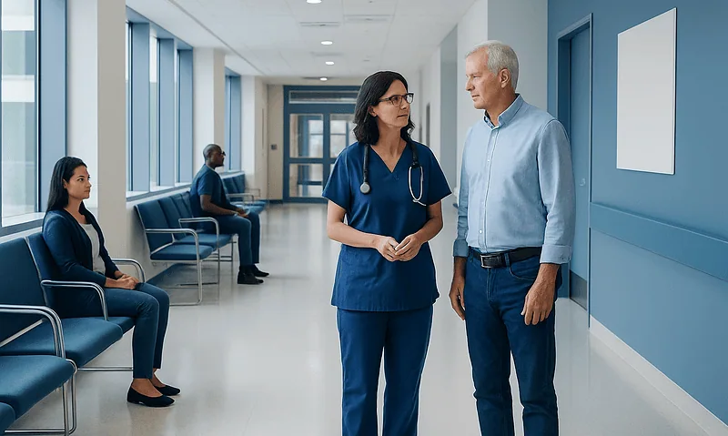 Healthcare professionals discussing patient care in hospital corridor.