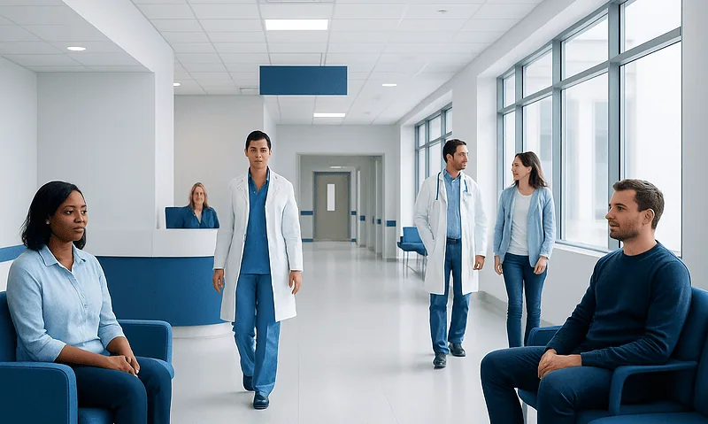 Medical staff and patients in a modern hospital corridor.
