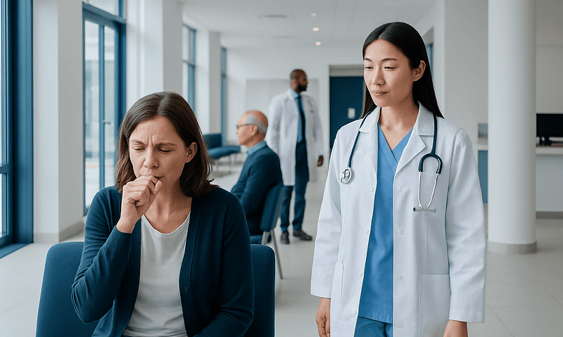 Patient coughing in a hospital waiting area with a healthcare professional nearby.
