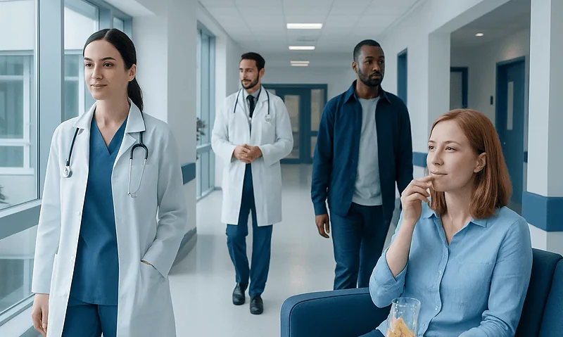Hospital corridor with medical staff and a patient in a wheelchair.