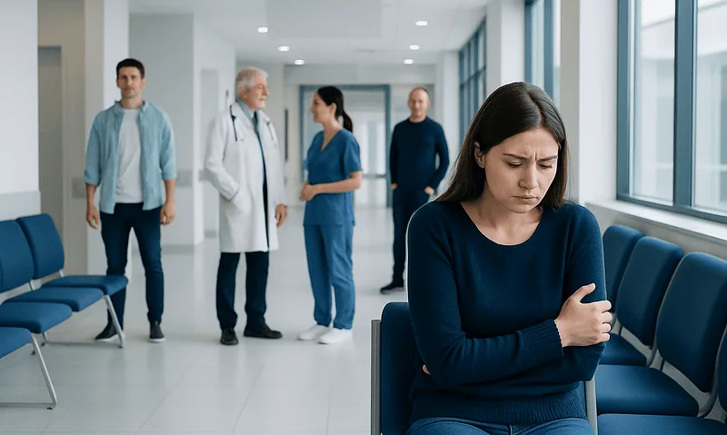 Young woman experiencing social anxiety in a hospital waiting area.