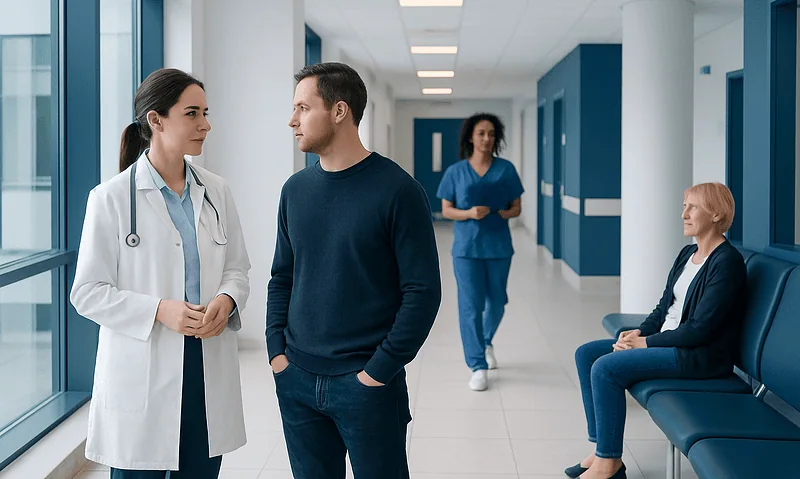 Doctor and patient having a conversation in hospital corridor.