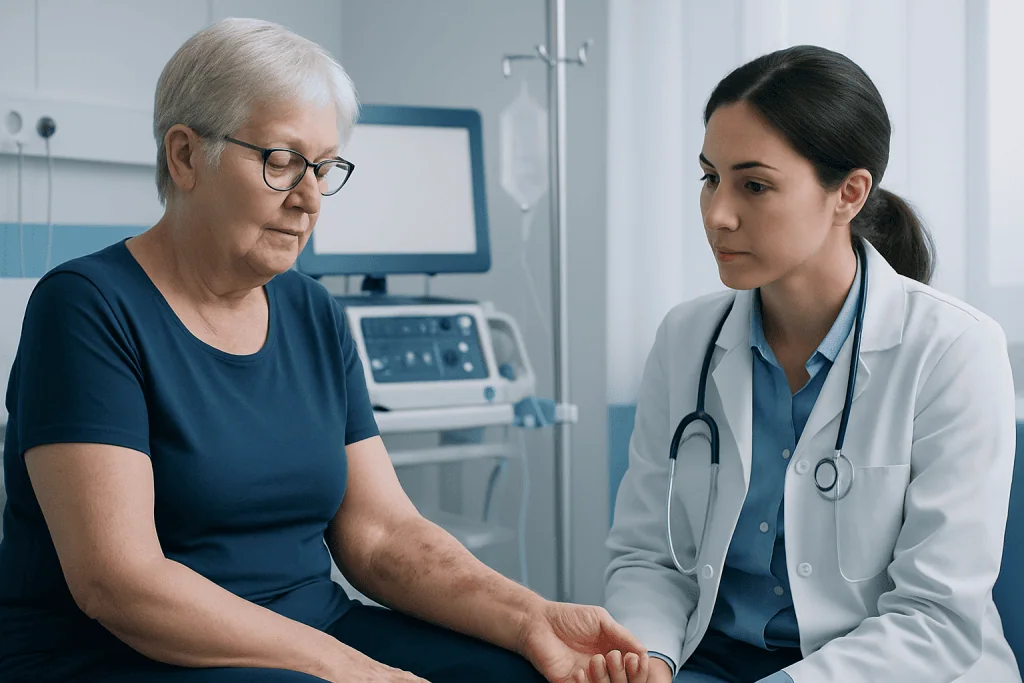 Doctor examining elderly woman's arm in hospital setting.