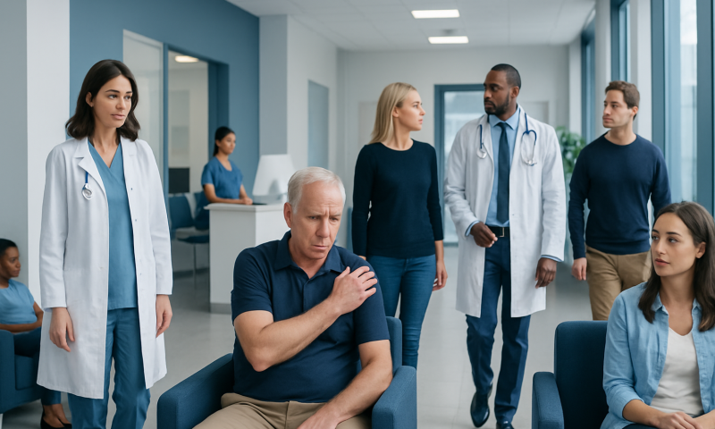 Patient experiencing shoulder pain in a hospital waiting area.