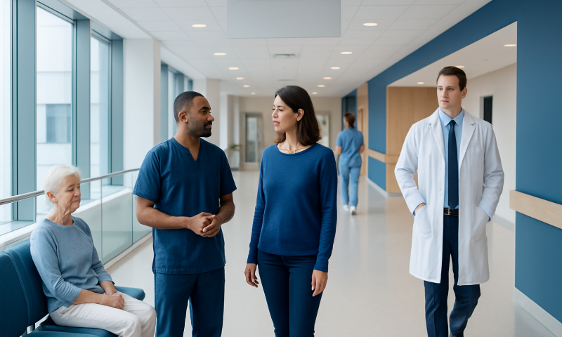 Medical staff and patient in hospital corridor at Acibadem Hospitals Group.