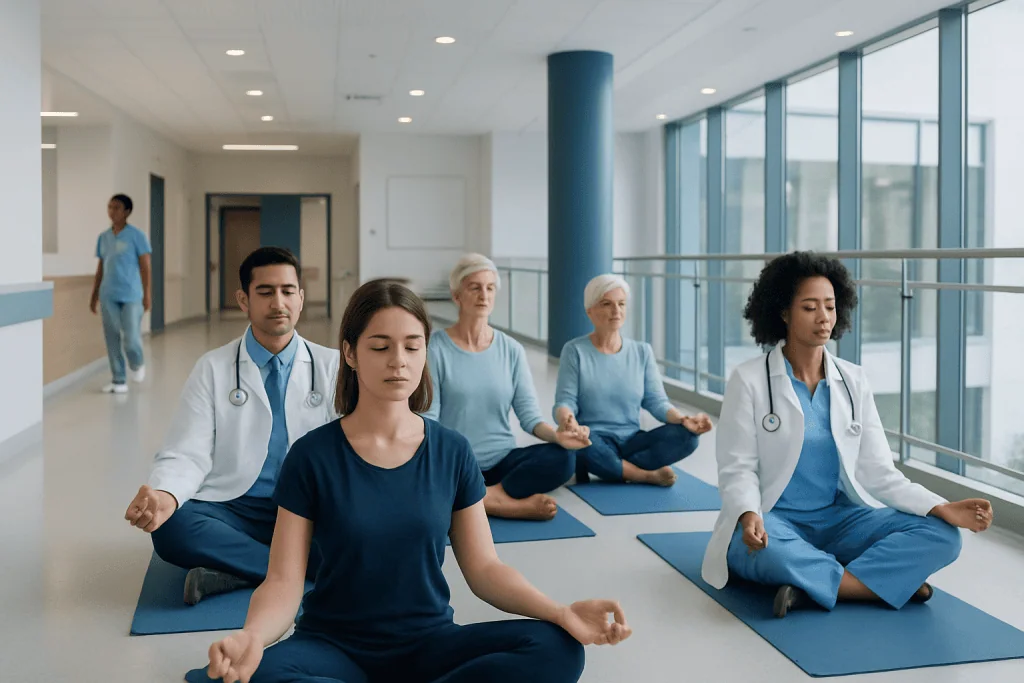 Somatic Yoga — Explained by Medical Evidence, Not Myths 1 Group of diverse medical professionals practicing yoga in hospital corridor.