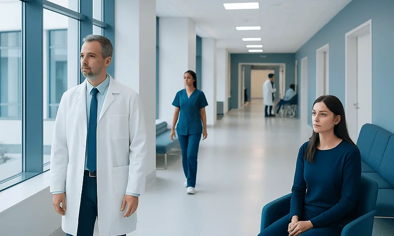 Medical professionals and patient in a modern hospital corridor.