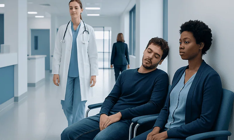 Patient resting in hospital corridor with medical staff nearby.
