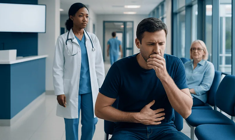 Sore Stomach and Burping — Explained by Medical Evidence, Not Myths 8 Man experiencing stomach pain in hospital corridor with medical staff nearby.