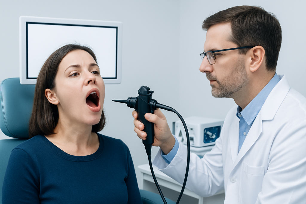 ENT doctor examining patient's throat with a scope in a clinical setting.