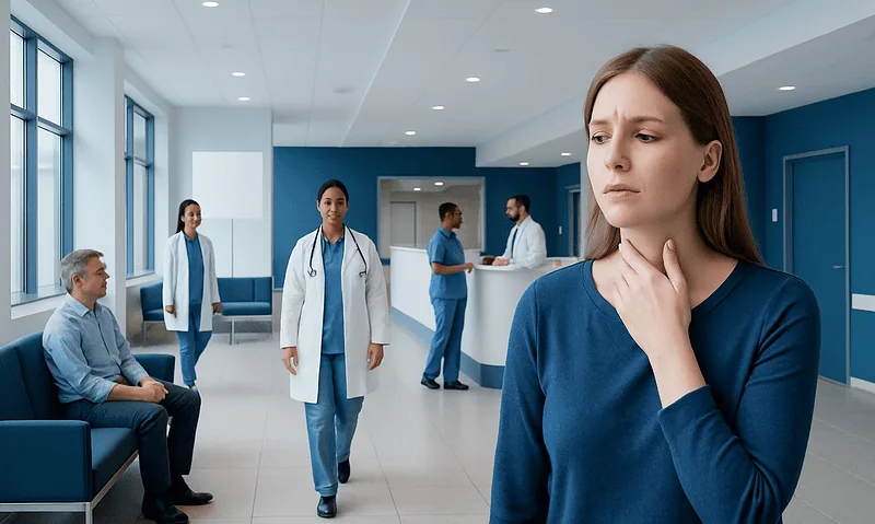 Woman experiencing throat discomfort in a hospital waiting area.