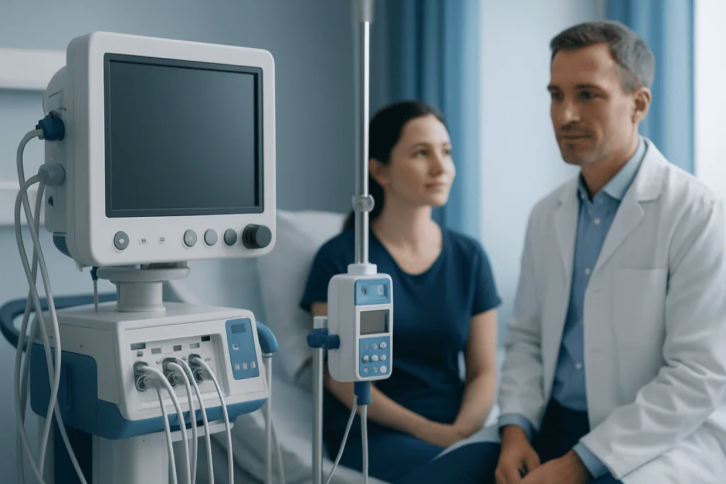 Doctor and patient in hospital room with medical monitoring equipment.