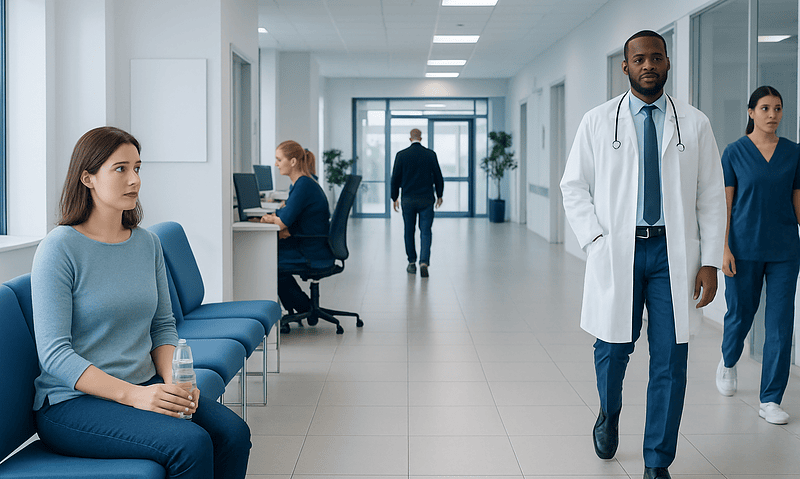 Healthcare professionals and patients in a modern hospital corridor.
