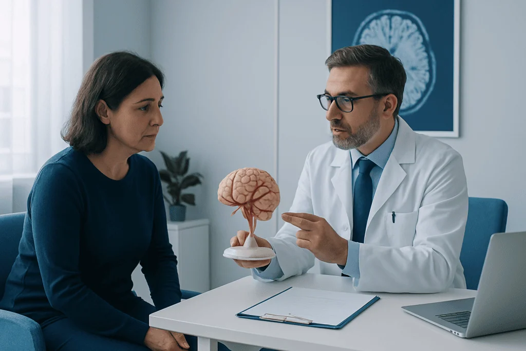Doctor explaining brain anatomy to a patient during consultation at Acibadem Hospital.