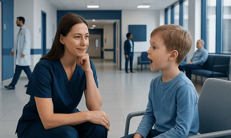 Child speaking with speech therapist in hospital corridor.