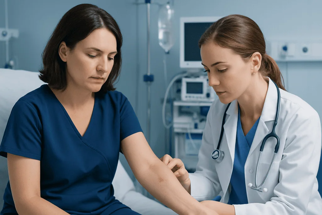 Doctor examining patient's arm in a hospital setting.