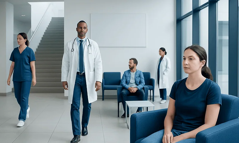 Medical staff and patients in a modern hospital waiting area.