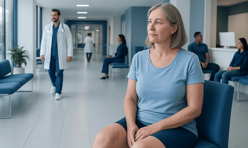 Older woman waiting in a hospital corridor with medical staff nearby.