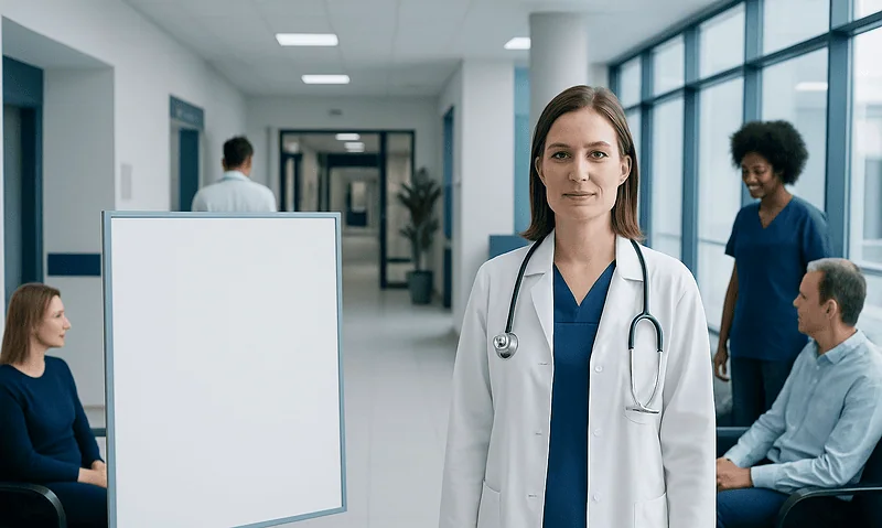 Medical team in hospital corridor with doctor in foreground.