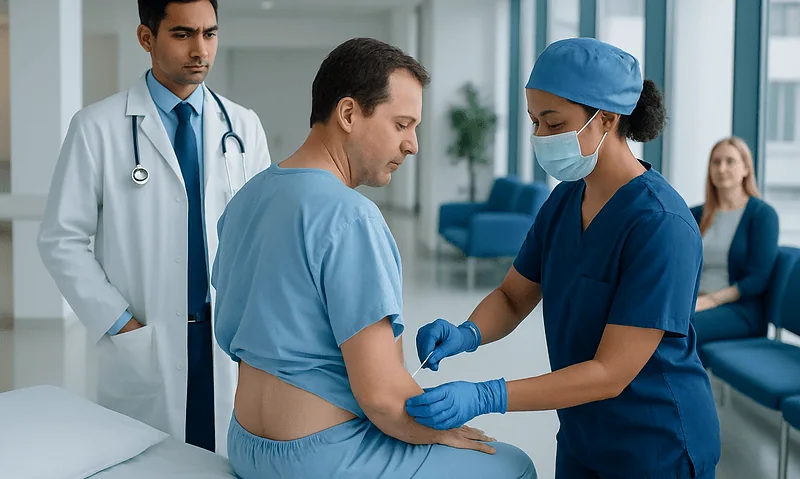 Medical team preparing a patient for spinal anesthesia in hospital.