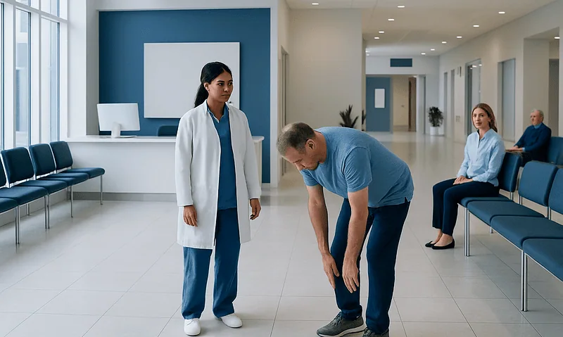 Patient performing spinal flexion exercise with medical staff in hospital corridor.