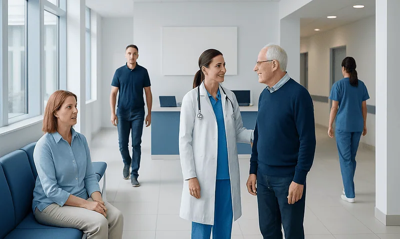 Medical professionals and patient in a hospital consultation room.