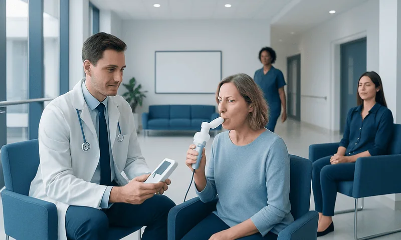 Patient undergoing spirometry test at Acibadem Hospital with medical staff assistance.