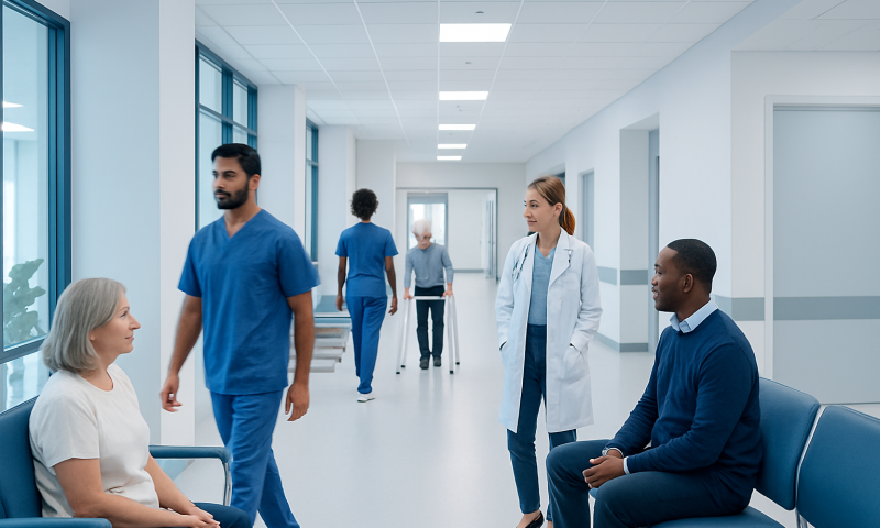 Hospital corridor with medical staff and patients in a healthcare setting.