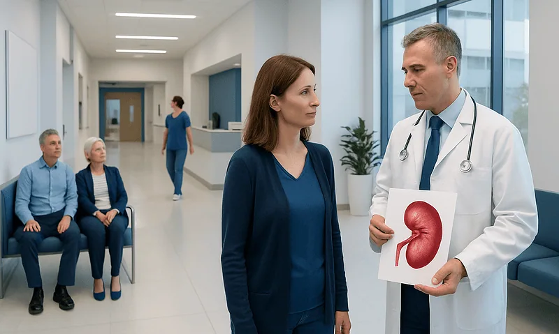 Doctor explaining kidney health to a patient in a hospital corridor.