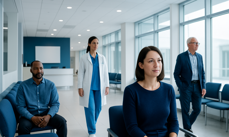 Diverse group of patients and medical staff in a modern hospital waiting area.