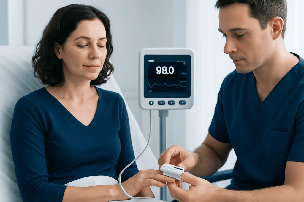 Patient undergoing pulse oximetry test at Acibadem Hospital.