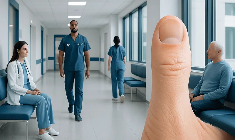 Spoon Shaped Nails: What Patients Need to Know 5 Medical staff and patient in hospital corridor with large thumb image overlay.