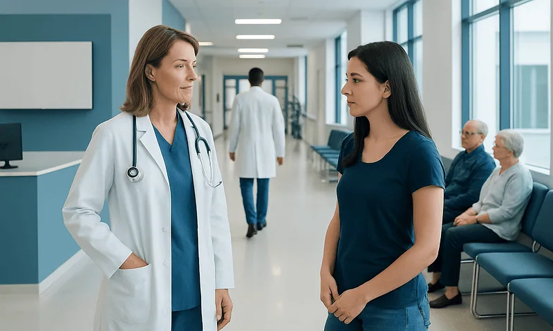 Doctor and patient having a conversation in a hospital corridor.