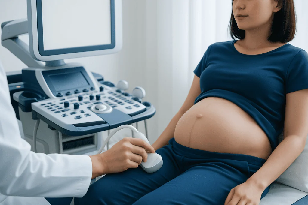Pregnant woman undergoing ultrasound examination at hospital.