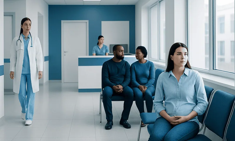 Patients waiting in a hospital corridor with medical staff nearby.