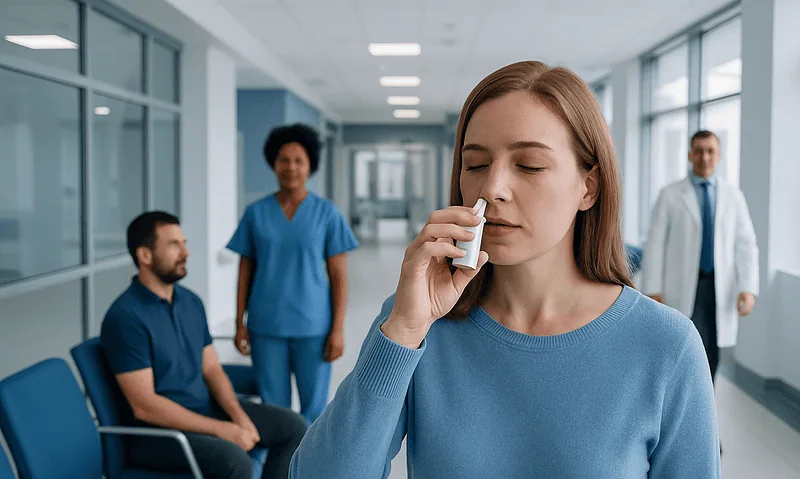 Spray in Nose — Explained by Medical Evidence, Not Myths 5 Woman using nasal spray in a medical clinic with healthcare professionals nearby.